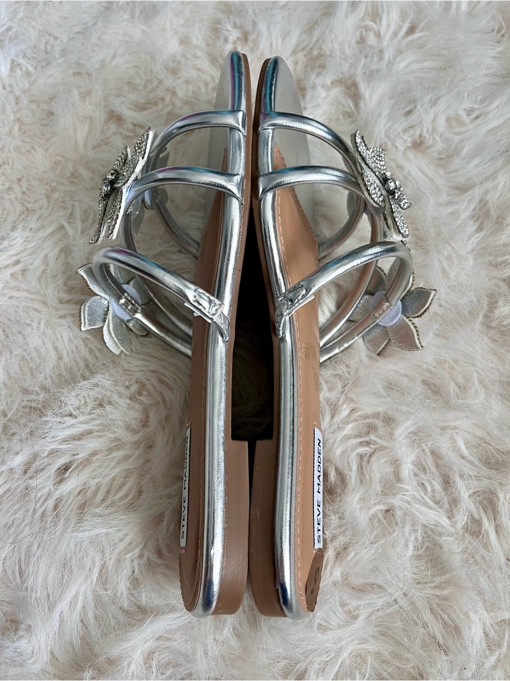 **NWOT** Steve Madden LUKA Silver Crystal Rhinestone Floral Slides Sandals - Picture 7 of 7
